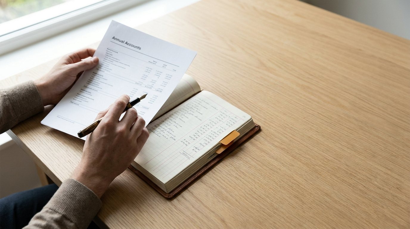Hands with a fountain pen reviewing a printed set of annual accounts beside an open ledger